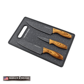 Jogo de 3 Facas Inox Hamilton Beach Com Tábua Grey Stone
