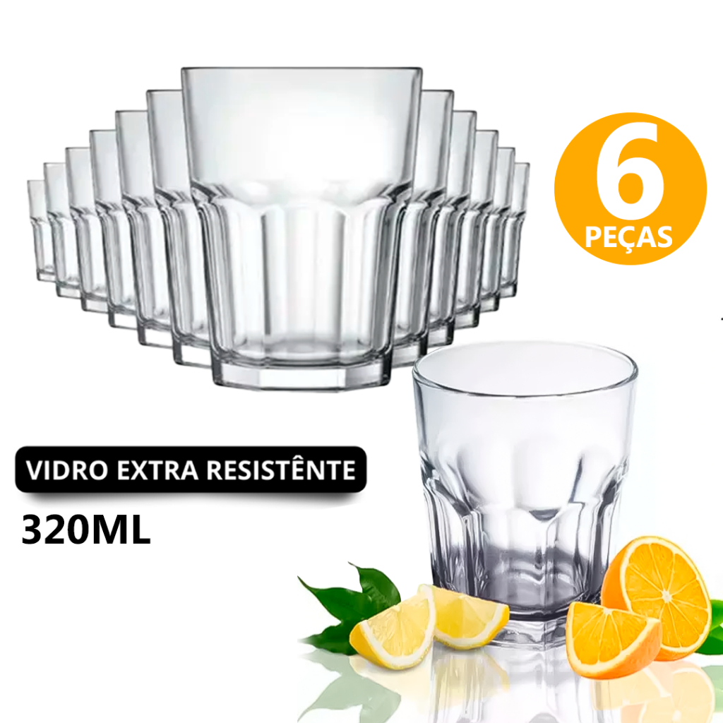 Kit 06 Copos Bristol Rocks 320ml Multiuso Nadir Vidro Resistente Bebidas Drink Refrigerante Outback