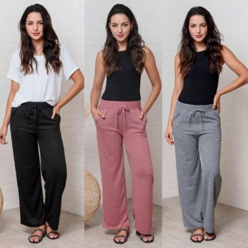 Calça Pantalona Feminina Tecido Lanzinha Cintura Alta com Bolso com Elástico na Cintura ideal pra Inverno