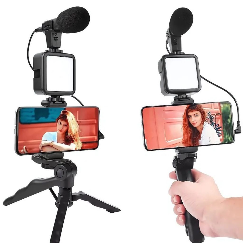 Kit de Vlog para smartphone (600403) com tripé e suporte para telefone com mini microfone e acompanha mini led
