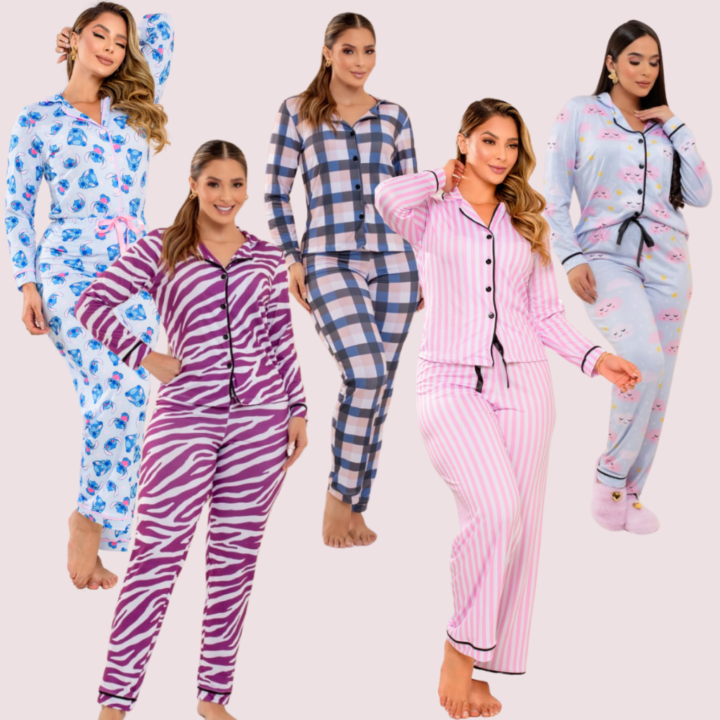 Pijama Feminino Americano  Longo Pós Cirúrgico Amamentação Inverno Stitch Várias Estampas