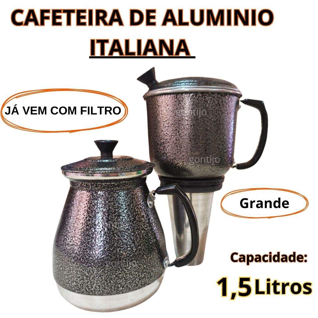 Cafeteira Italiana Preto craqueado 1500 Ml Em Aluminio 29cm - Cafeteira Econômica 6 8 10 Xícaras - JÁ VEM COM FILTR