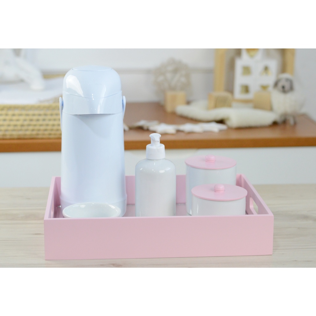 Kit Higiene Bebê K064 Porcelanas Térmica Banho Quarto Rosa e Azul Barato Bandeja Espelho