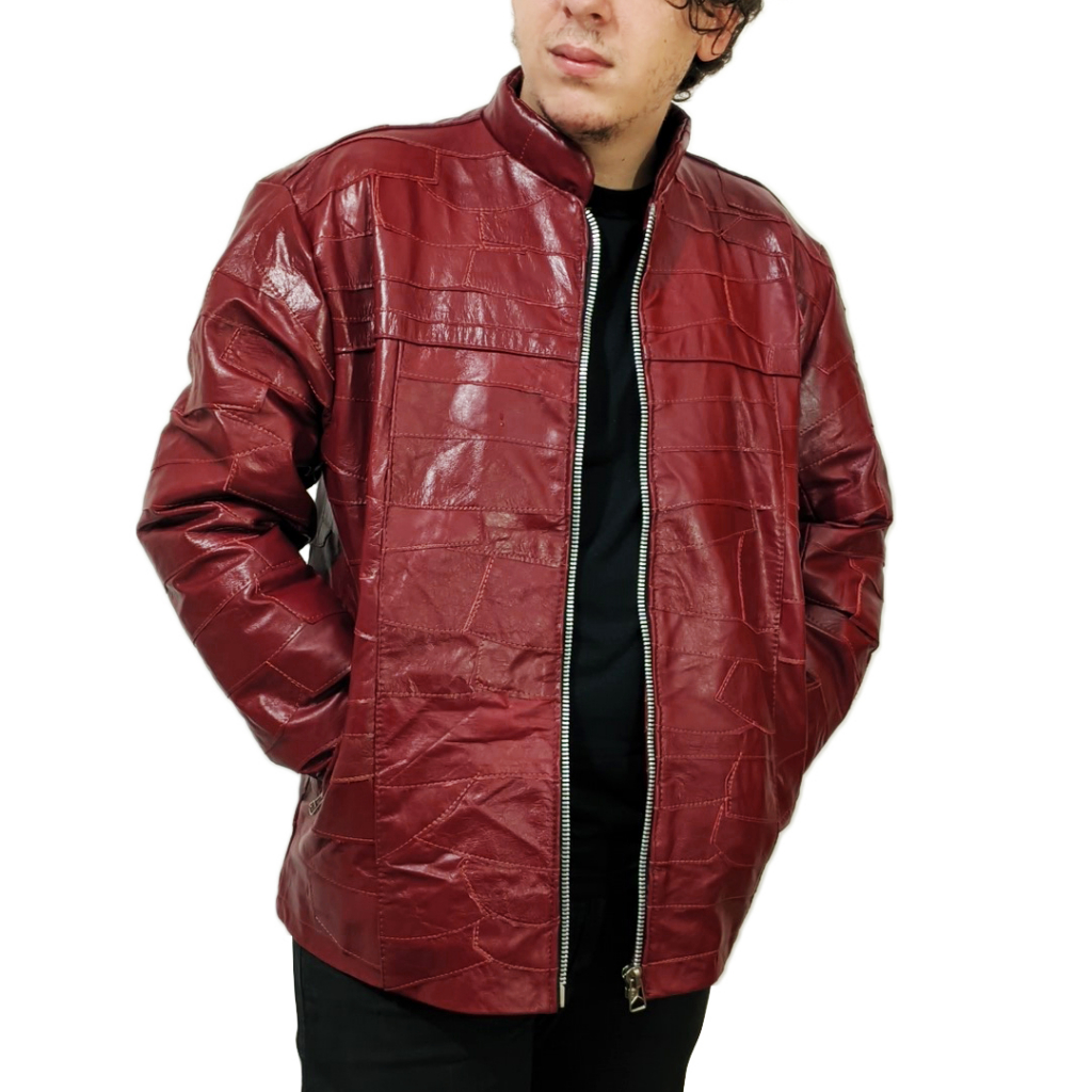 Jaqueta de Couro Legitimo Masculina Cor Bordo (Vinho) FCouros de Retalho/Patchwork Social/Motoqueiro