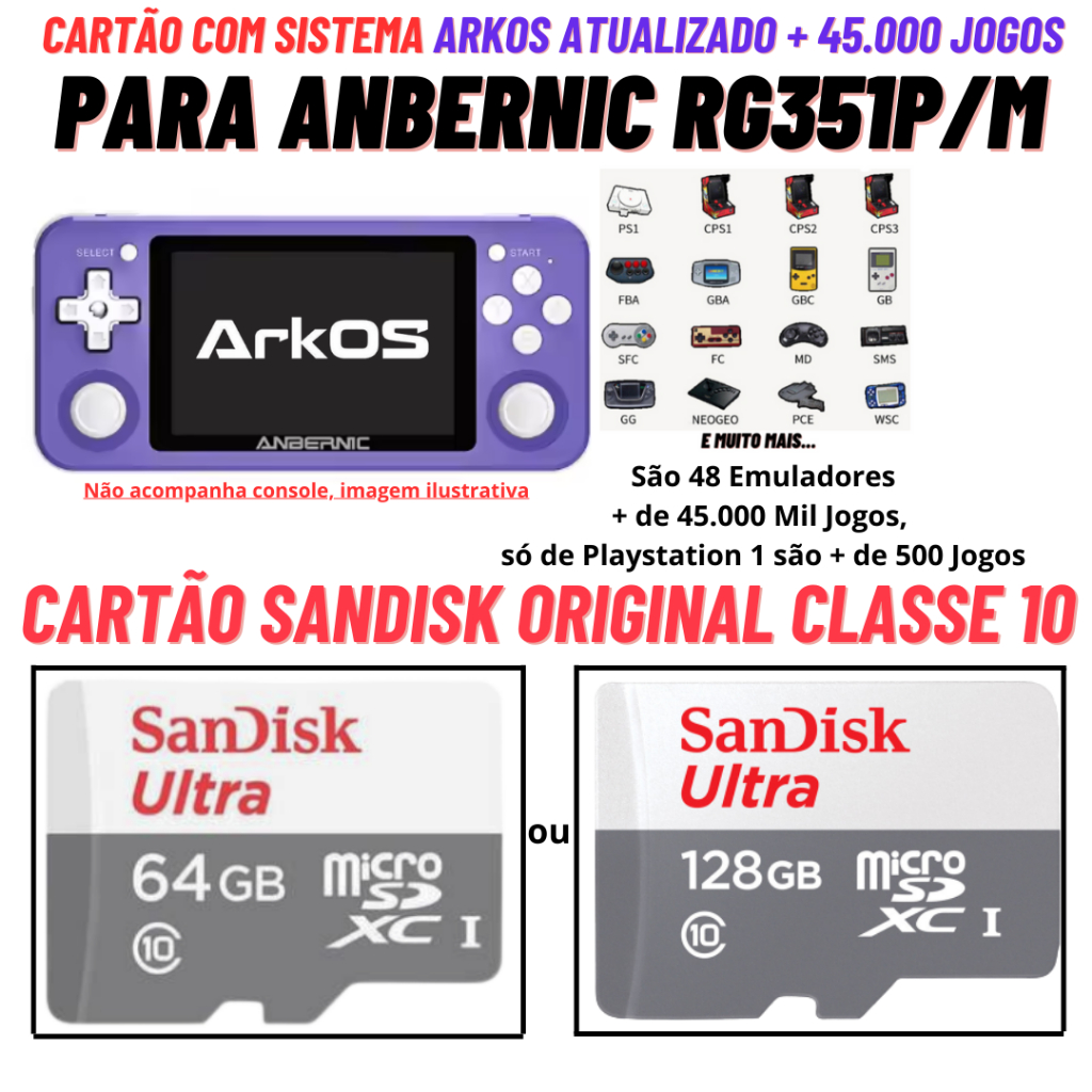 Cartão Original para Anbernic RG351P / M / V com Sistema e Jogos Só Plugar e Jogar Cartão Sandisk Original Classe 10