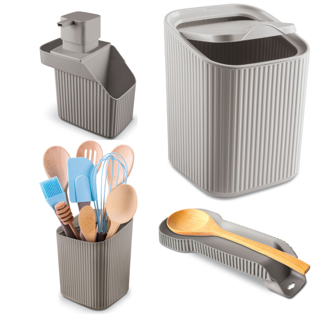 Kit Cozinha Porta Detergente, Escorredor de Talheres, Lixeira 3L e Descanso de Colher Conjunto Pia em Oferta na Shopee