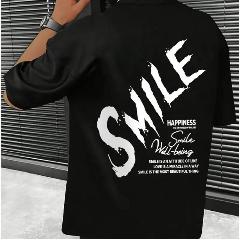 Camiseta Corte Oversized Estilo Streetwear Smile Despojado Ombro Largo Tecido Algodão Alta Qualidade