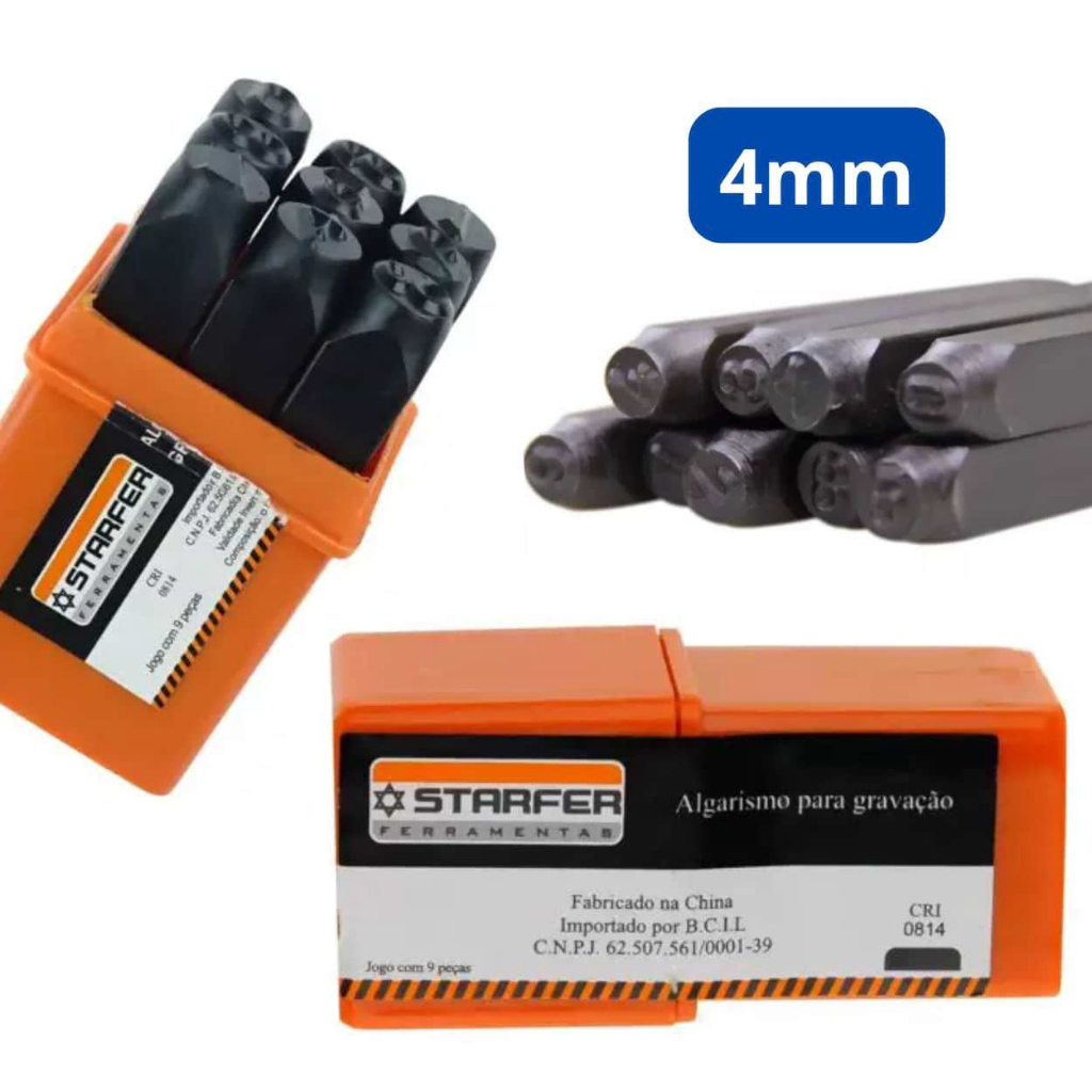 Kit Punção Numérico Marcador 4mm 9 Peças Números de 0 a 9 em Aço Reforçado Starfer