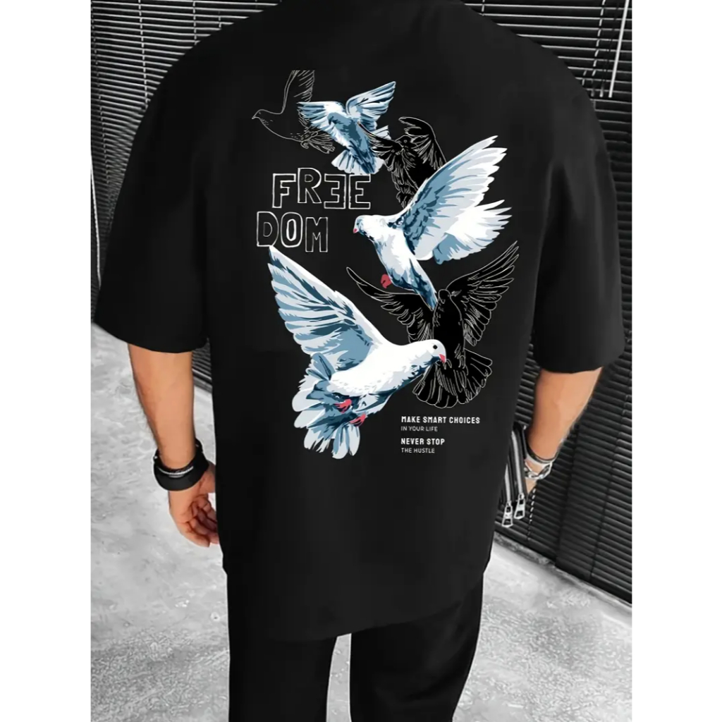 Camiseta Style Modelo Oversized Modelo Streetwear Tecido Algodão Corte Amplo Estampada Skatista Aves