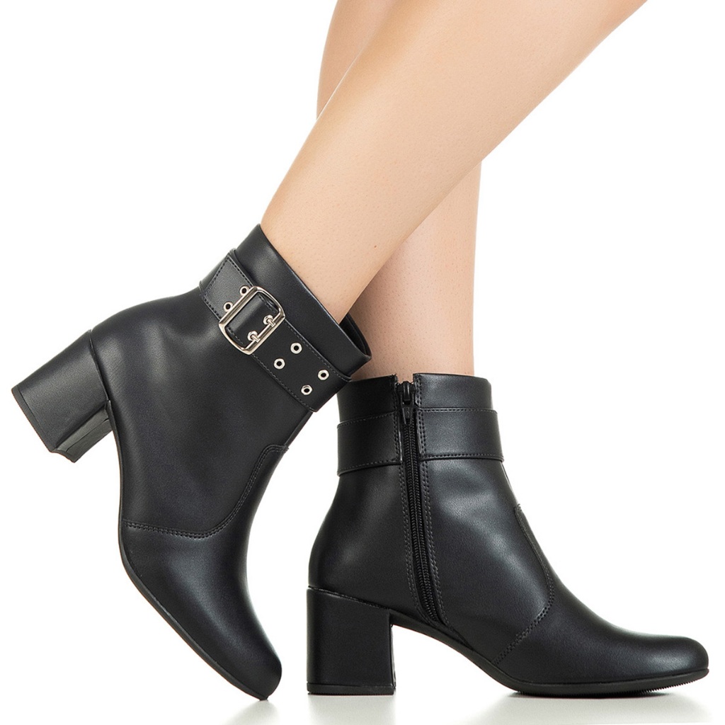 Bota Feminina GiGiL Bico Redondo Cano Curto Salto Grosso Médio Detalhe Lateral Fivela Elegante em Oferta na Shopee
