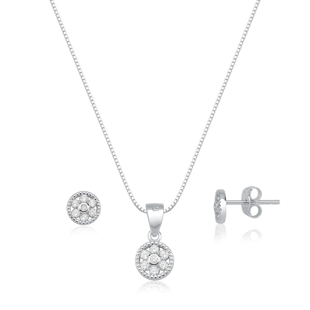 Conjunto Brinco e Colar de Prata 925 Redondo Cravejado | Cores Diversas em Oferta na Shopee