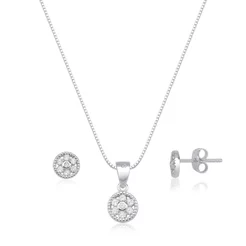 Conjunto Brinco e Colar de Prata 925 Redondo Cravejado | Cores Diversas