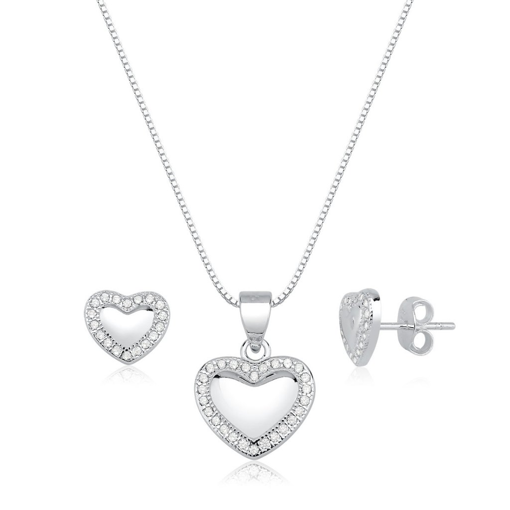 Conjunto Brinco e Colar de Prata 925 Coração Liso com Zircônias em Oferta na Shopee