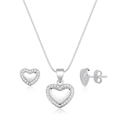 Conjunto Brinco e Colar de Prata 925 Coração Liso com Zircônias