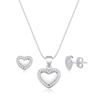 Conjunto Brinco e Colar de Prata 925 Coração Liso com Zircônias