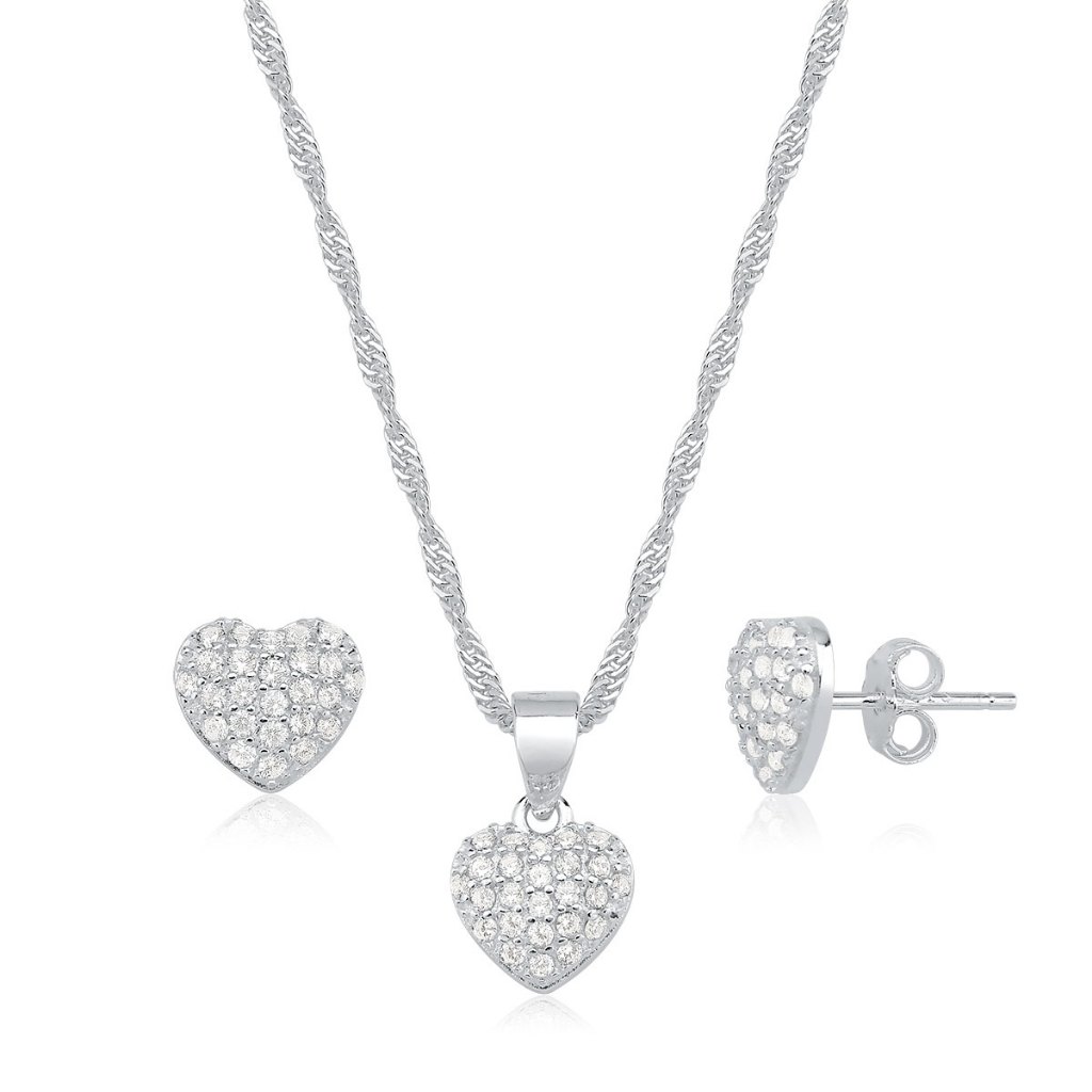 Conjunto Brinco e Colar de Prata 925 Coração Cravejado em Oferta na Shopee