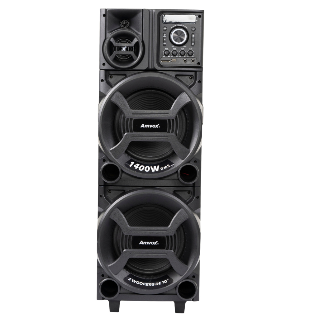 Caixa de Som ACA 1402 Titan Black 1400W Torre Amvox Duplo Woofer de 10" Led TWS Bivolt Bluetooth