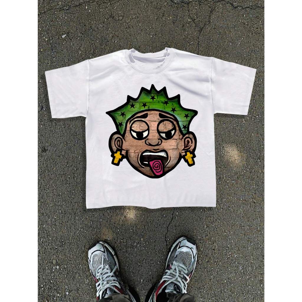Camiseta OVERSIZED estampada branca blusa camisa Streetwear em algodão 30.1 modelo Y2K língua Desenho