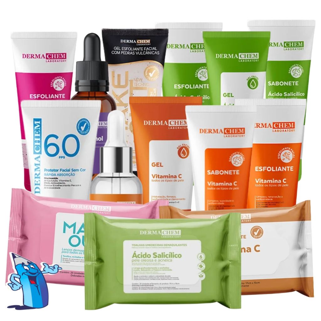 KIT SKIN CARE DERMACHEM GEL SÉRUM ESFOLIANTE LENÇO PROTETOR SABONETE