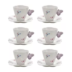 Linha Borboleta: Conjunto Xícaras Pires para Café 100ml, Chá 200m e Prato sobremesa Porcelana 6 peças Wolff