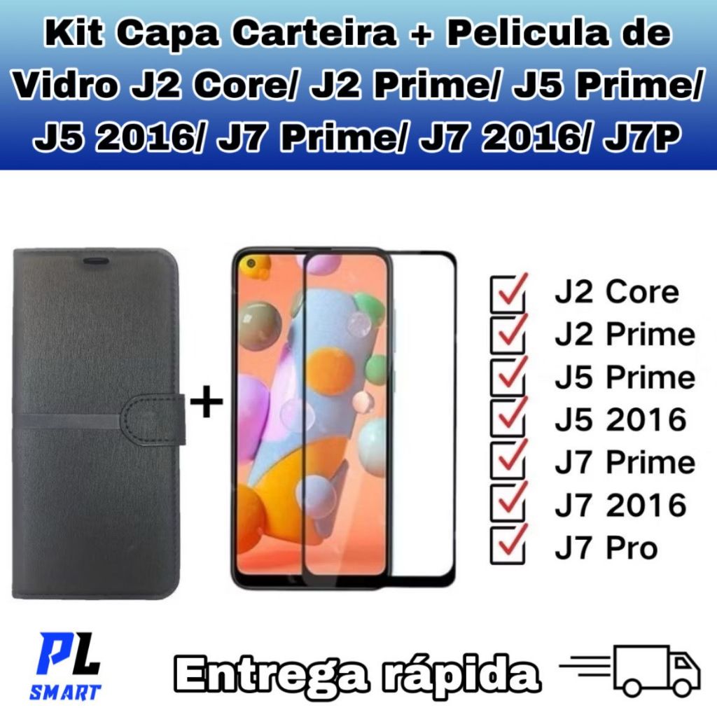 Capa Capinha Carteira Flip + Película 3D Para Modelos Samsung J2 Prime/J5 Prime/J7 Prime/J7 Pro