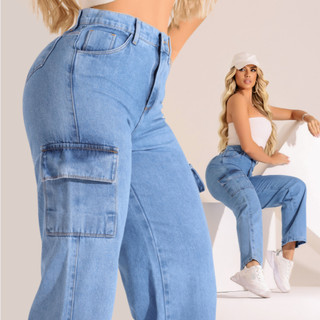 Calça Feminina Wide Leg Cargo Cintura Alta 100% Algodao Cos Alto Pantalona Calça Jeans Feminina Cargo