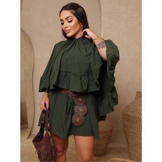 Conjunto Boho Chic Feminino Vestido Bata Camadas Babadinho Marrom Outono