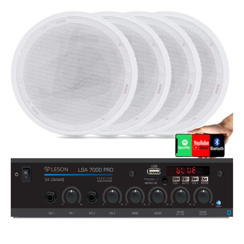 Kit Som Ambiente 4 Canal 500 Watts + 4 Caixa Para Teto/gesso
