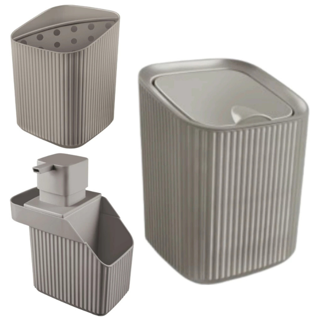 Kit Cozinha Porta Detergente, Escorredor de Talheres e Lixeira 3L Conjunto Pia - Usual Utilidades