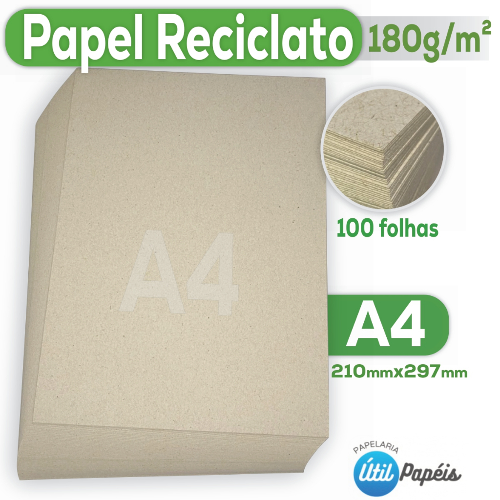 Papel Reciclado 180g A4 Pacote com 25/150 Folhas Eco Sulfite Premium Jato de tinta e Laser 210x297mm
