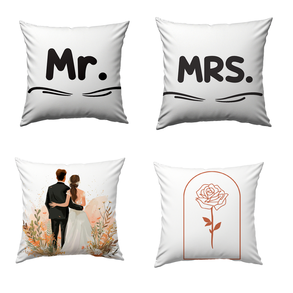 Kit Com 04 Capas Para Almofadas Decorativas Ideal Para Decoração de Quarto e Sala Estampas Mr. & Mrs Bibi Paineis