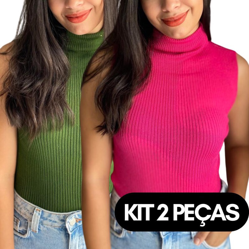 KIT 2 PEÇAS Garrafinha Blusa gola alta regata sem manga feminina tricot moda blogueira combo tricô