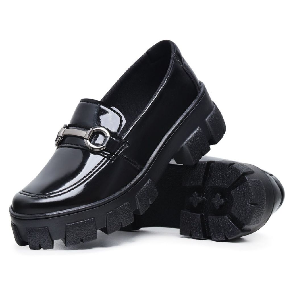 Mocassim Feminino Preto Tratorado Corrente Couro Confortável Top Promoção Lindo Blogueira