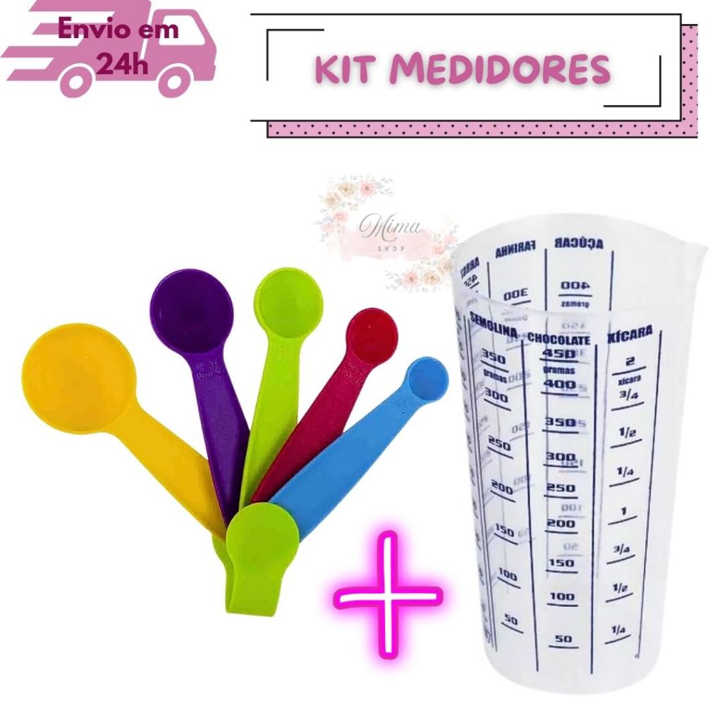 Kit Medidas Para Receita Conjunto 5 Colheres Medidoras + Copo Medidor Graduado Dosador 500ml