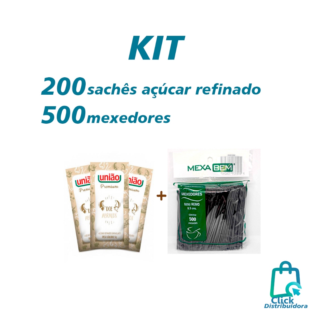 KIT 200 Sachês de açúcar União 500 unidades Mexedor Preto de Café  Remo Mexa Bem Palheta de plástico