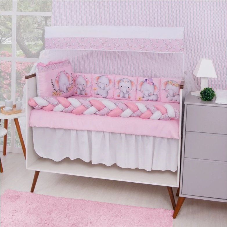 Kit Berço Americano Padrão Trança 14 Peças Meninas Elefantinha - Rosa