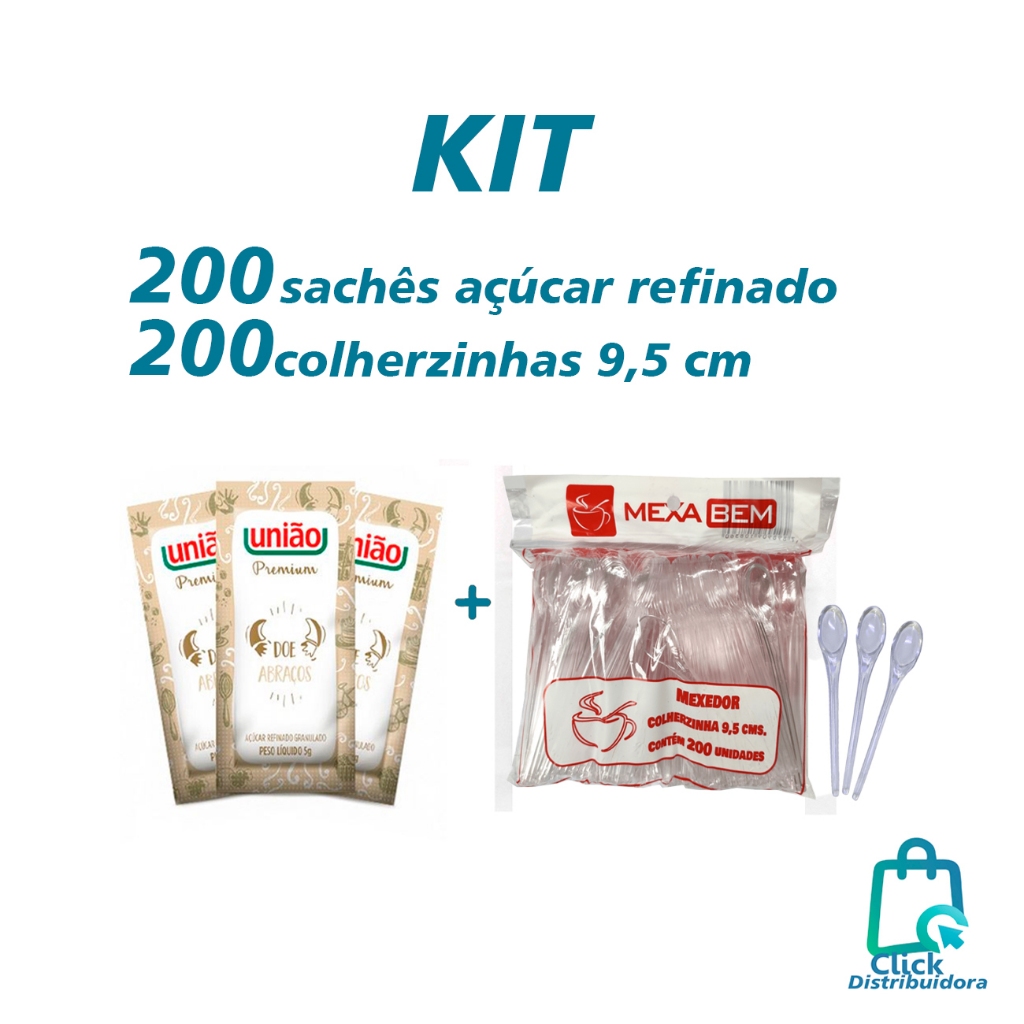 KIT 200 Sachês de açúcar União + 200 unid Colher Mexedora de Café Mexa Bem Colherzinha de plástico