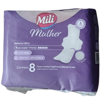 Absorvente Mili Mulher Noturno Ultra fluxo super intenso com 8 unidades