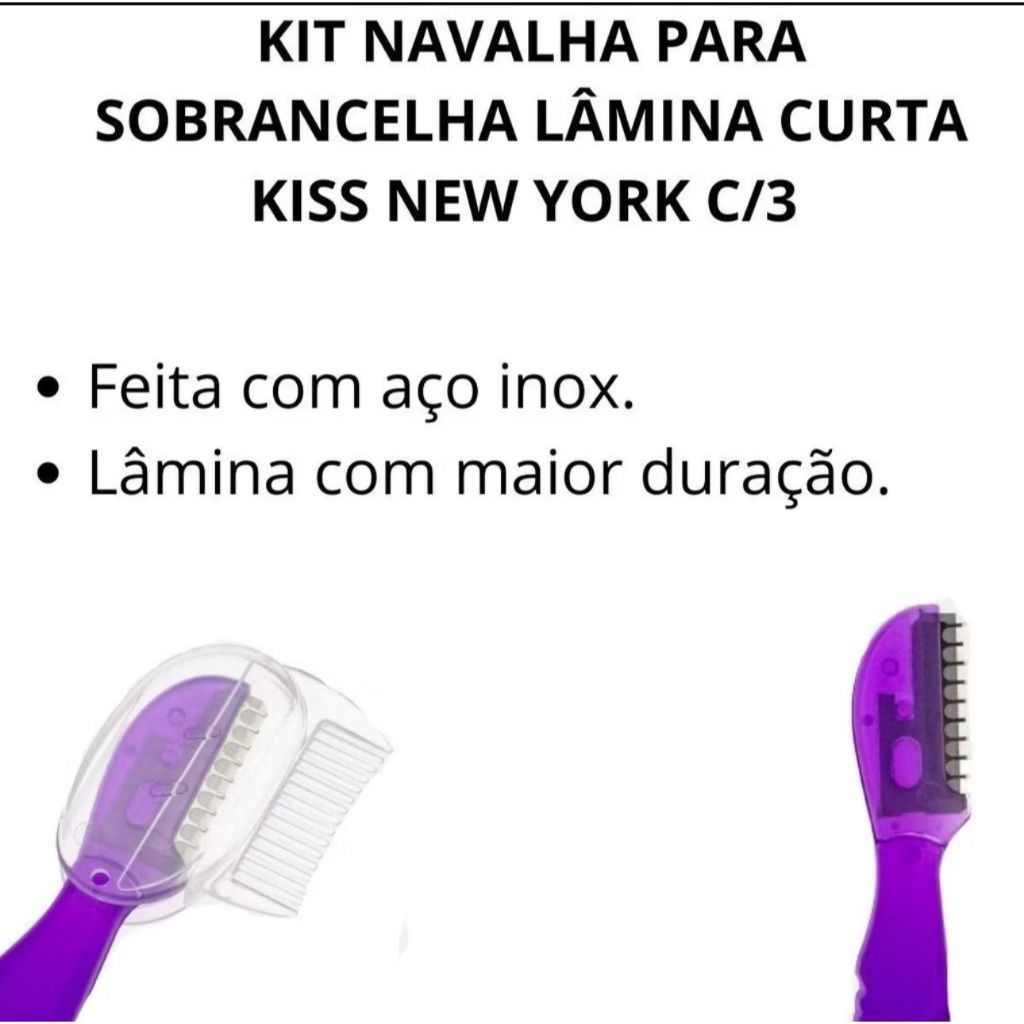 Detalhes do Kit Navalha Para Sobrancelha Lâmina Curta Kiss New York C/3 Rbtb02br