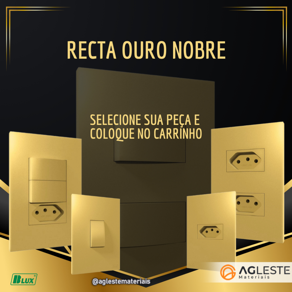 Conjunto 4x2 Tomada Dourada 10a 20a Interruptor Simples Paralelo Recta Ouro Satin Fosco Blux