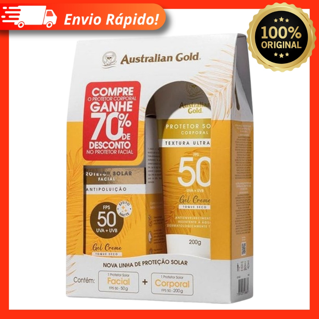 Australian Gold Kit Protetor Solar Corporal Fps50 200g Protetor Solar Facial Fps50 50g: Onde Comprar | BuscaProdutos