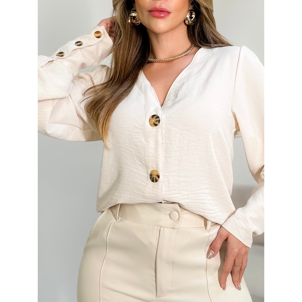 AM camisa manga longa feminina tecido duna  com botao  Lançamento 2023 em Oferta na Shopee