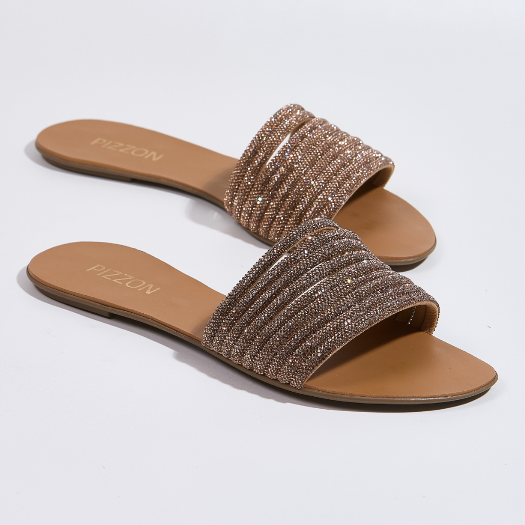 Sandália Rasteira Feminina Pizzon Plana Tira Frontal com Strass Marrom Confortável Dia-a-dia em Oferta na Shopee