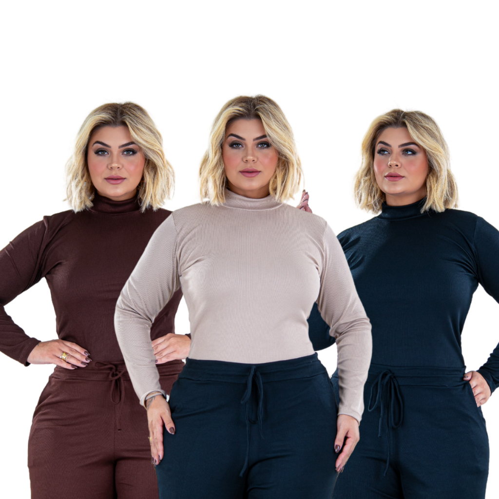 Kit 3 Blusas Plus Size Manga Longa Segunda Pele Gola Alta Cacharrel Canelada Toque Macio Até G4