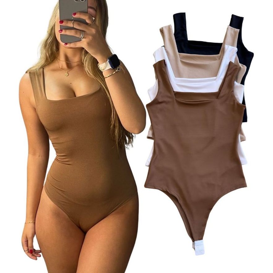 Kit com 4 Body Feminino Decote Quadrado Reto Suplex Verão Basico Liso Moda Elegante Tendencia Blogueira