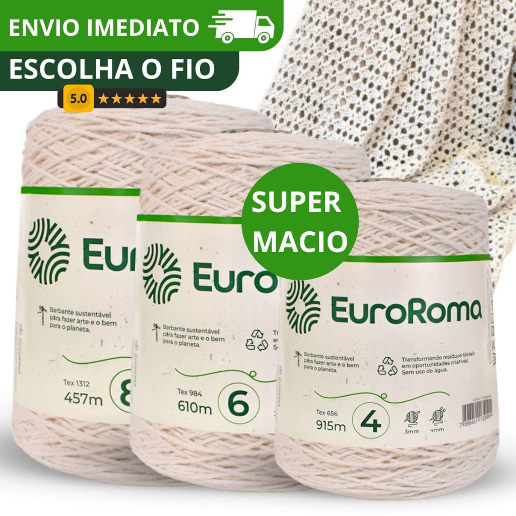 Barbante Natural Cru Euroroma 600g Crochê Tricô Tapete Artesanato Amigurumi Macramê Fio 4 6 8