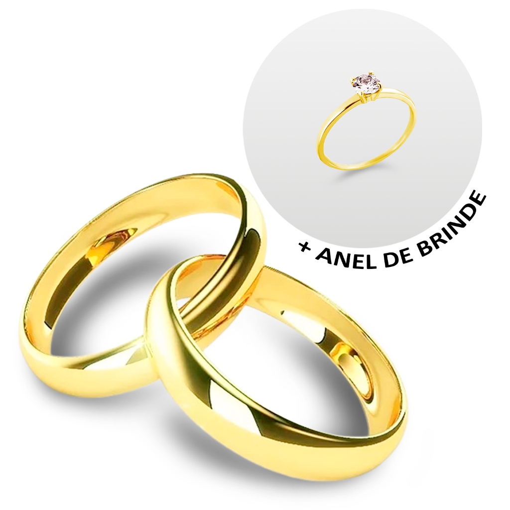 Par De Aliança Moeda Antiga Mais Anel Solitário Casamento Noivado Namoro 4MM Dourada em Oferta na Shopee