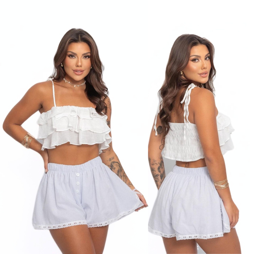 SHORTS LISTRADO CASUAL COM ELASTICO FEMININO