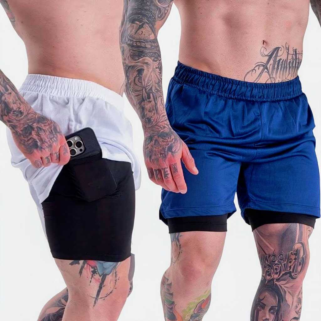 Kit 2 Shorts Academia 2 Em 1 Forrado Com Bolso Extra Bermuda Masculina
