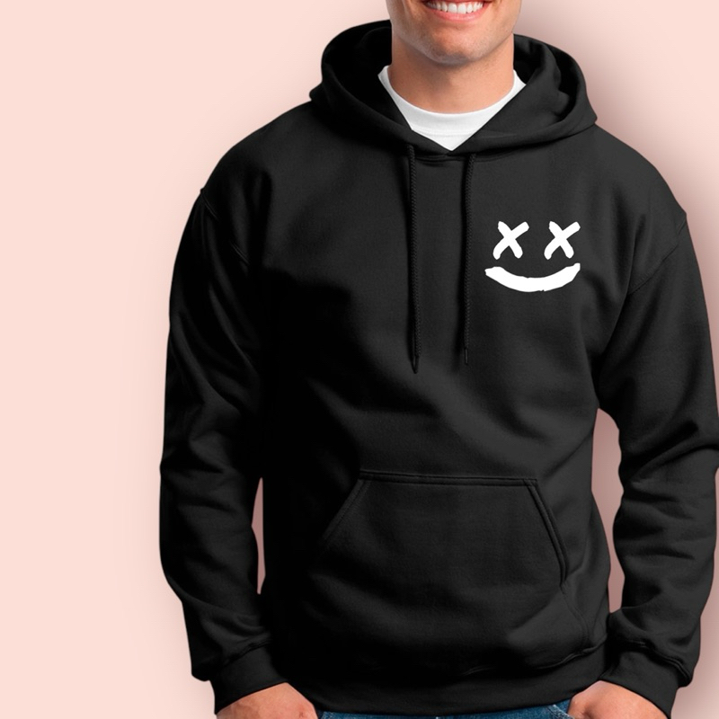 Blusa De Frio Moletom Smile Preta Básica Macia Flanelada Quente Unissex Confortável Canguru Com Capuz Gorro